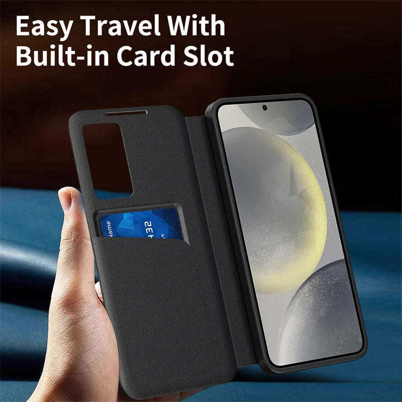 Leather Flip Smart Display Transparent Window Case For Samsung