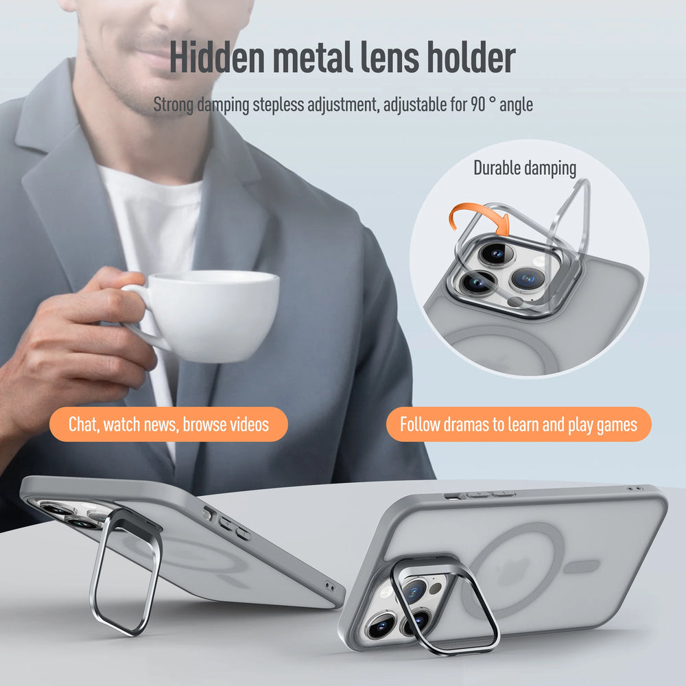 Metal Lens Stand Magnetic Case For iPhone