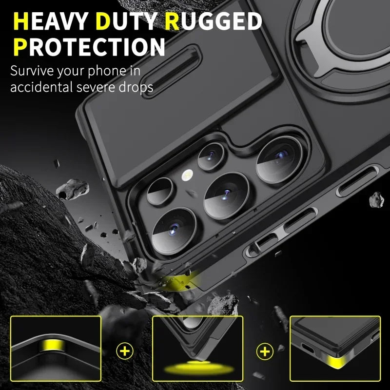 Armor Magnetic Bracket Case Slide Camera Protection Shockproof Cover for Samsung