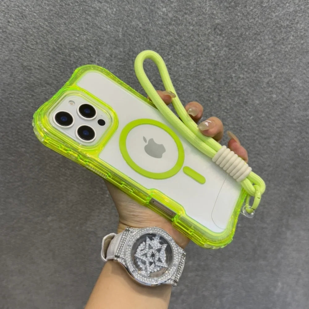 Luxury Neon Clear Magsafe Wrist Strap Lanyard Case for iPhone