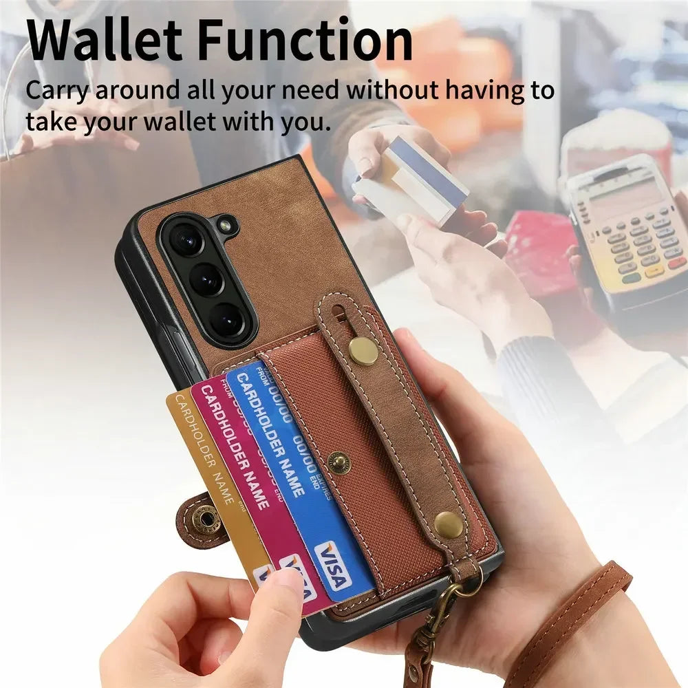 Wristband Lanyard Card Slot Leather Wallet Case for Samsung Z Fold