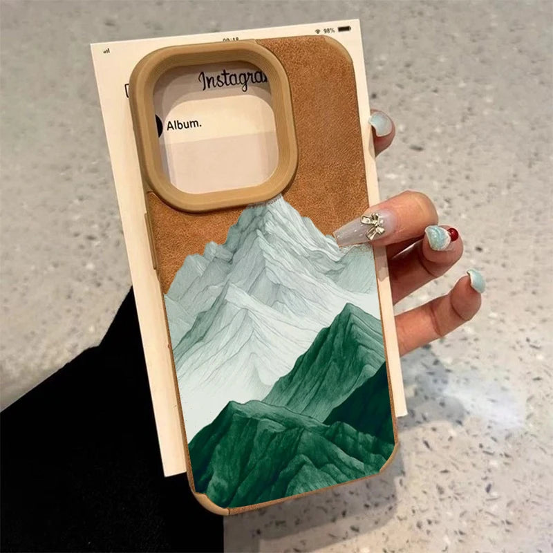 Faux Leather Mountain Motif Lake Scenery Case For iPhone