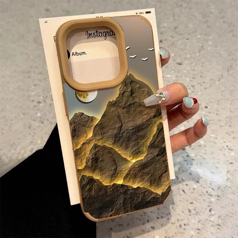Faux Leather Mountain Motif Lake Scenery Case For iPhone