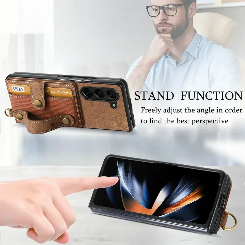 Wristband Lanyard Card Slot Leather Wallet Case for Samsung Z Fold