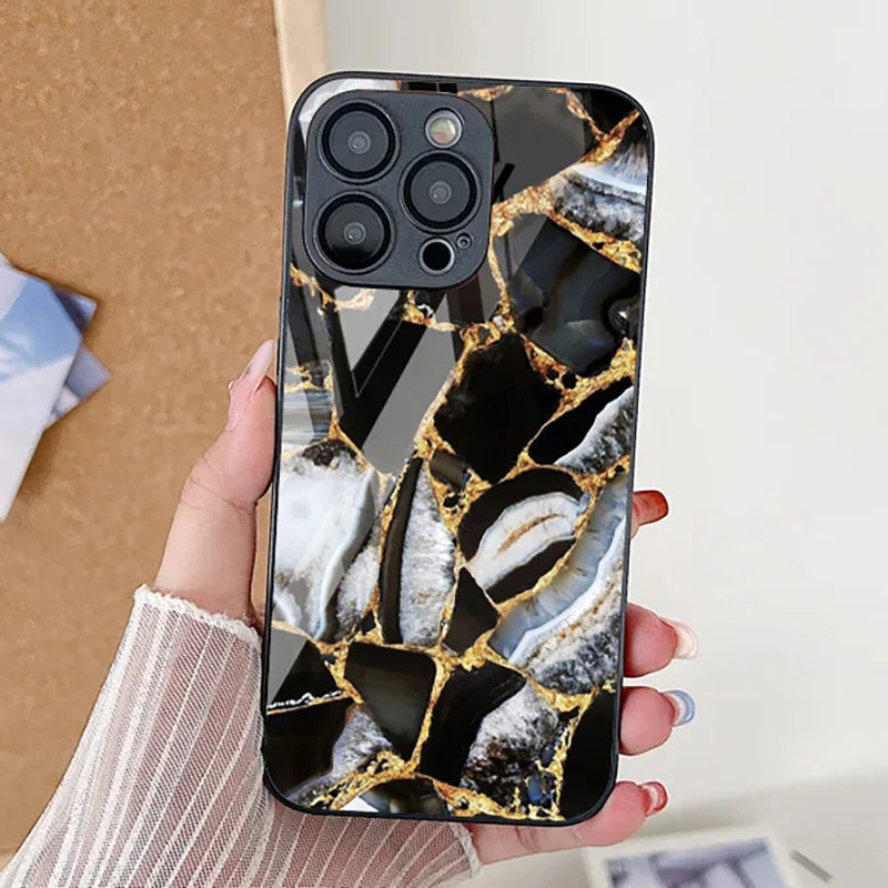 Marble Pattern  Tempered Glass Phone Case For iPhone