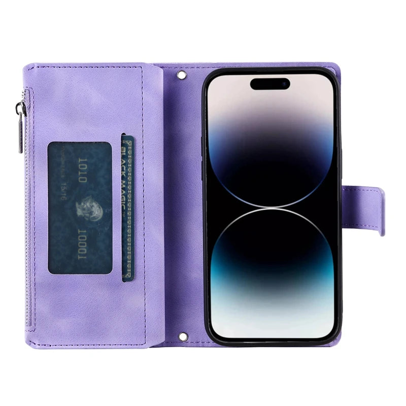 Embossed PU Leather Zipper Wallet Case for iPhone