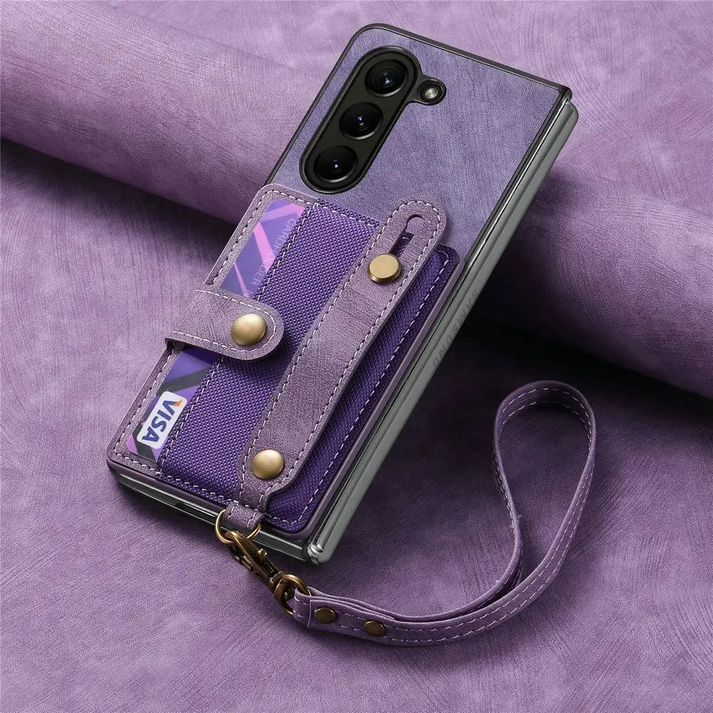 Wristband Lanyard Card Slot Leather Wallet Case for Samsung Z Fold