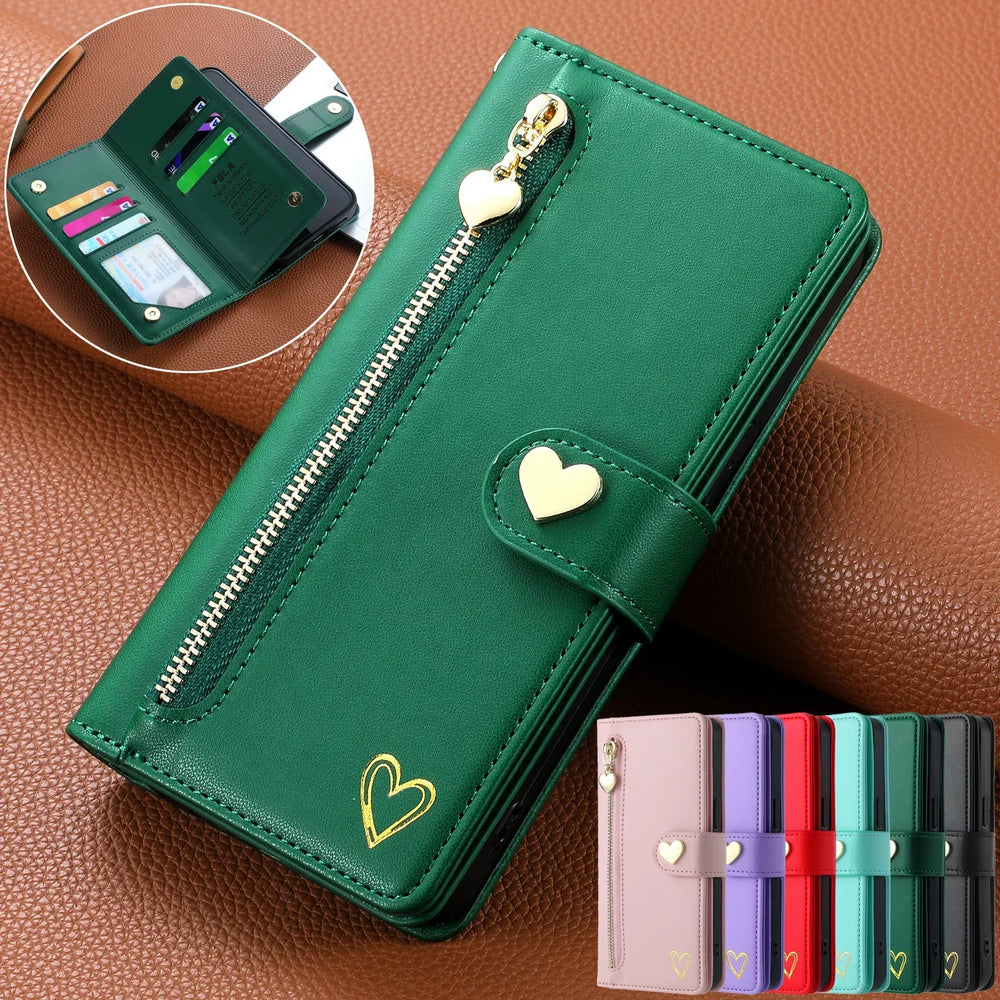 Gold Hot Stamping Love Zipper Card Wallet Case For Samsung