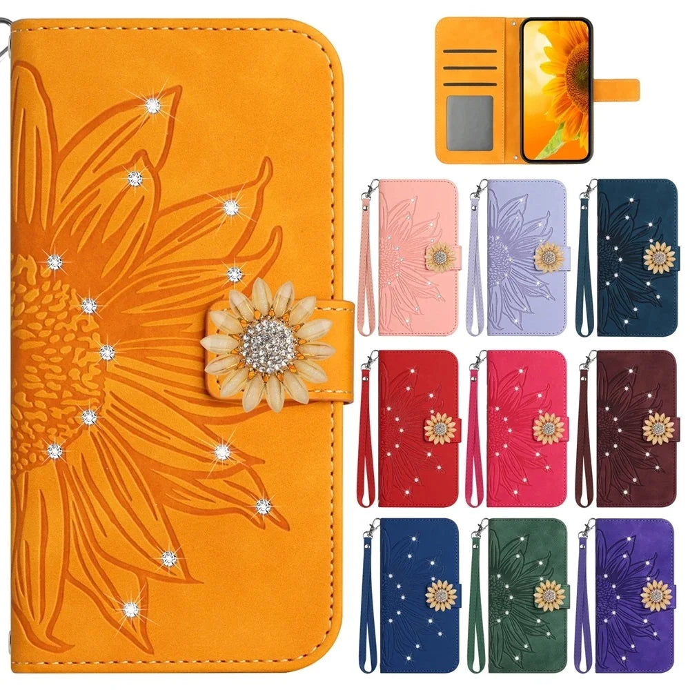 Glitter Sunflower Leather Wallet Flip Case for Samsung