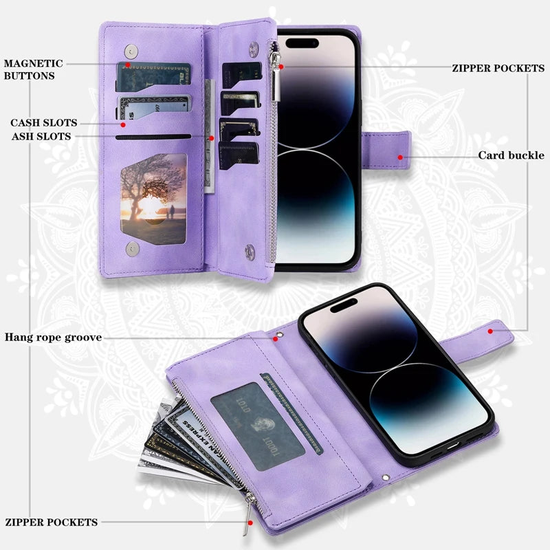 Embossed PU Leather Zipper Wallet Case for iPhone