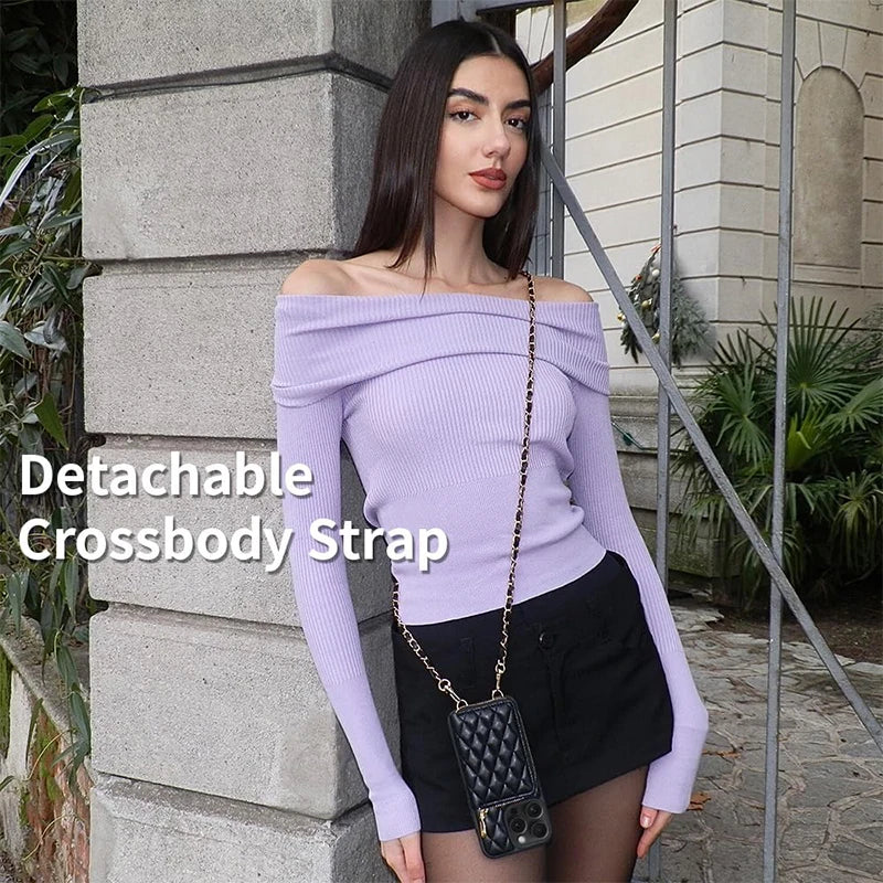 Diamond embroidery thread crossbody chain card bag case for iPhone