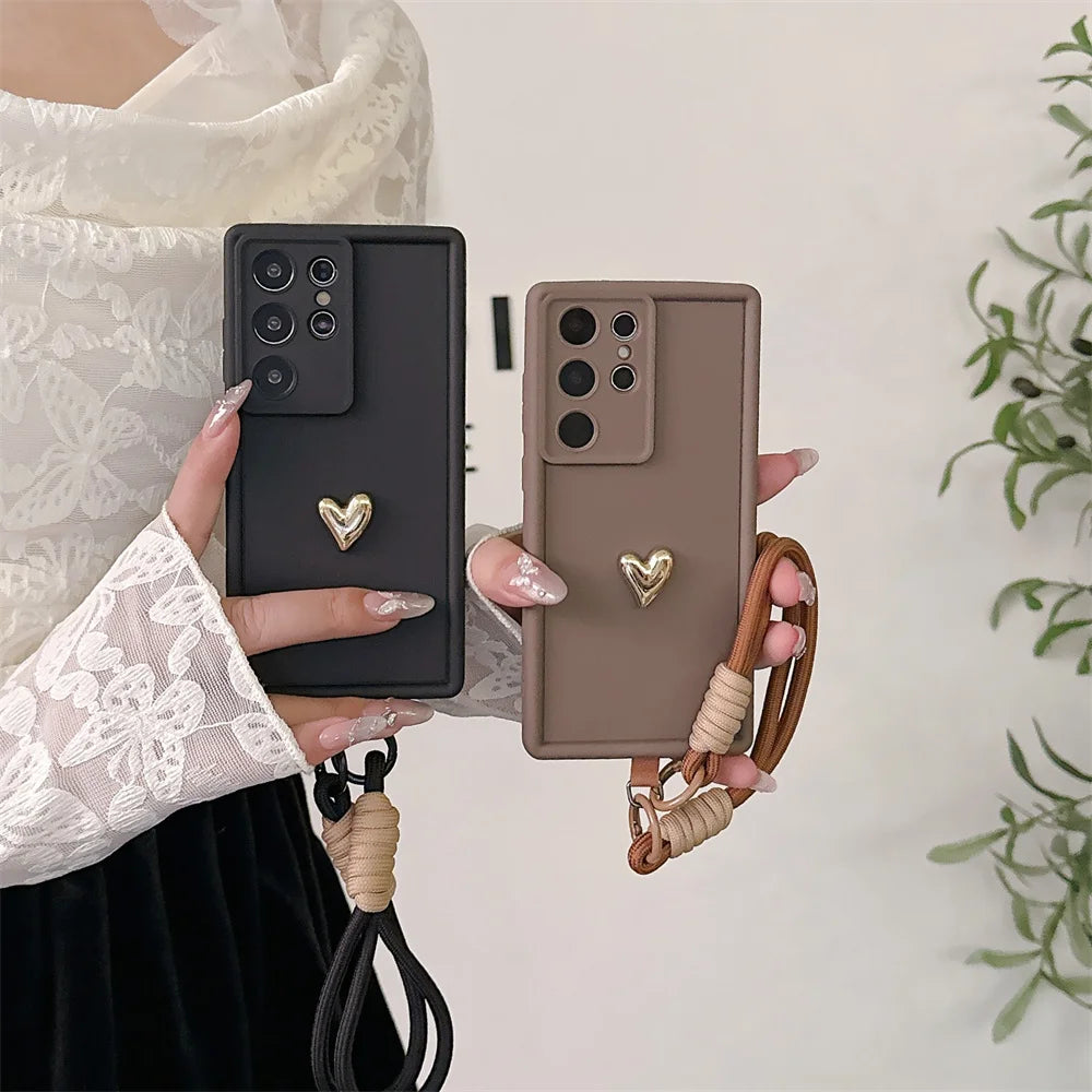3D Gold Heart Love Wrist Strap Case For Samsung
