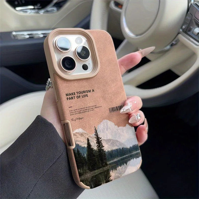 Faux Leather Mountain Motif Lake Scenery Case For iPhone