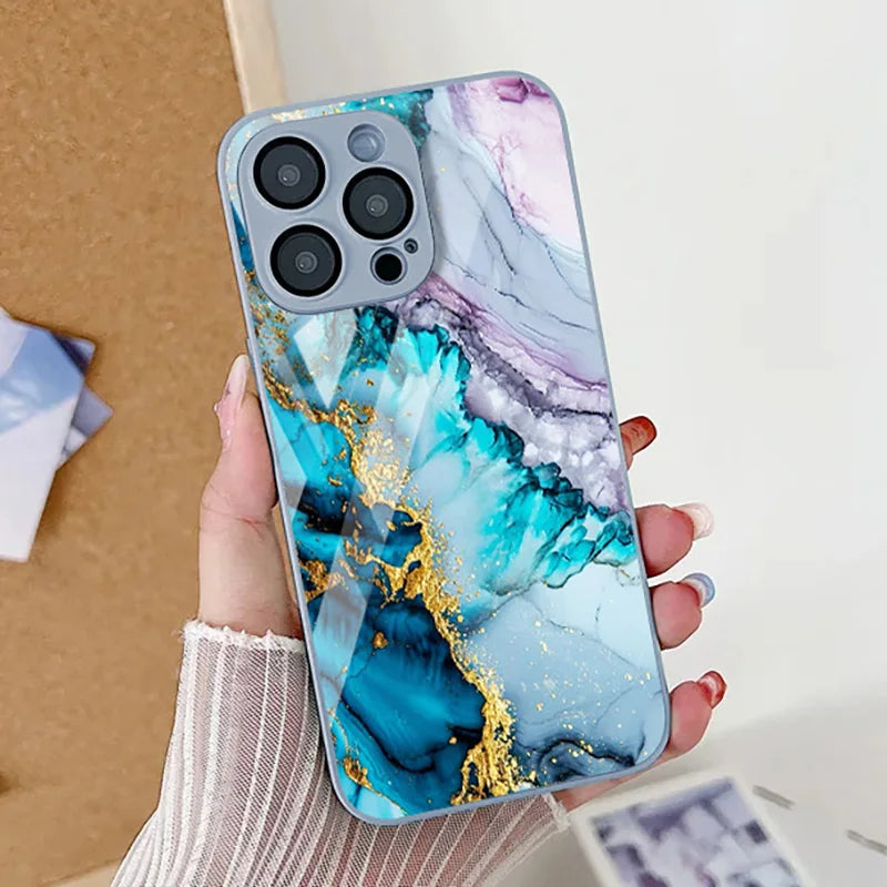 Marble Pattern  Tempered Glass Phone Case For iPhone