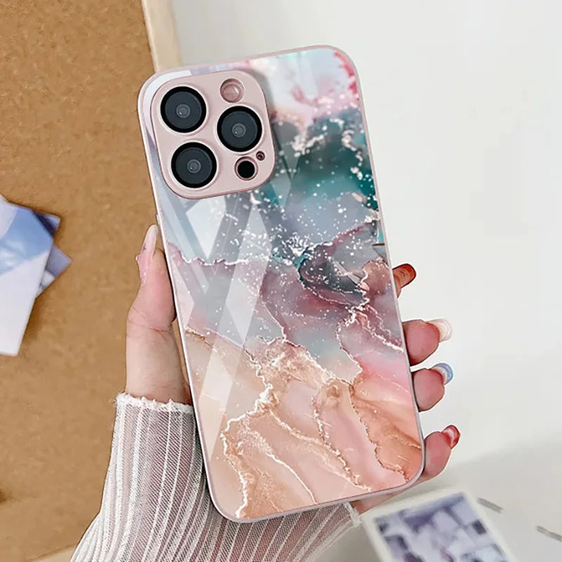 Marble Pattern  Tempered Glass Phone Case For iPhone
