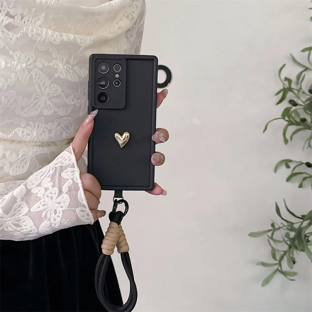 3D Gold Heart Love Wrist Strap Case For Samsung