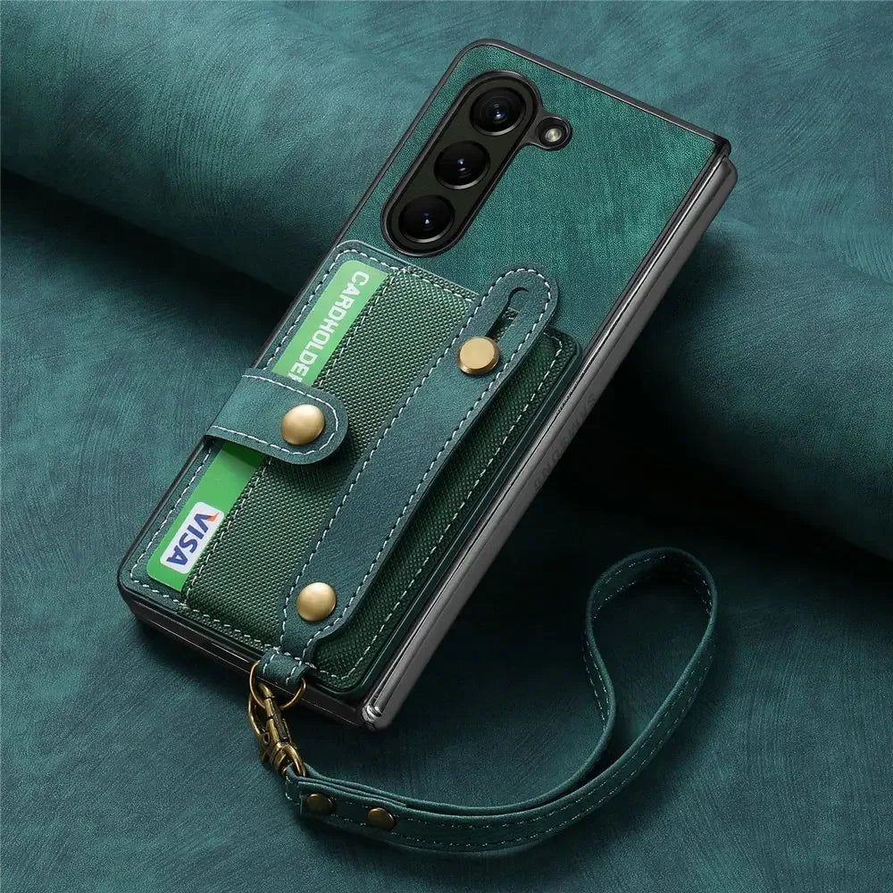 Wristband Lanyard Card Slot Leather Wallet Case for Samsung Z Fold