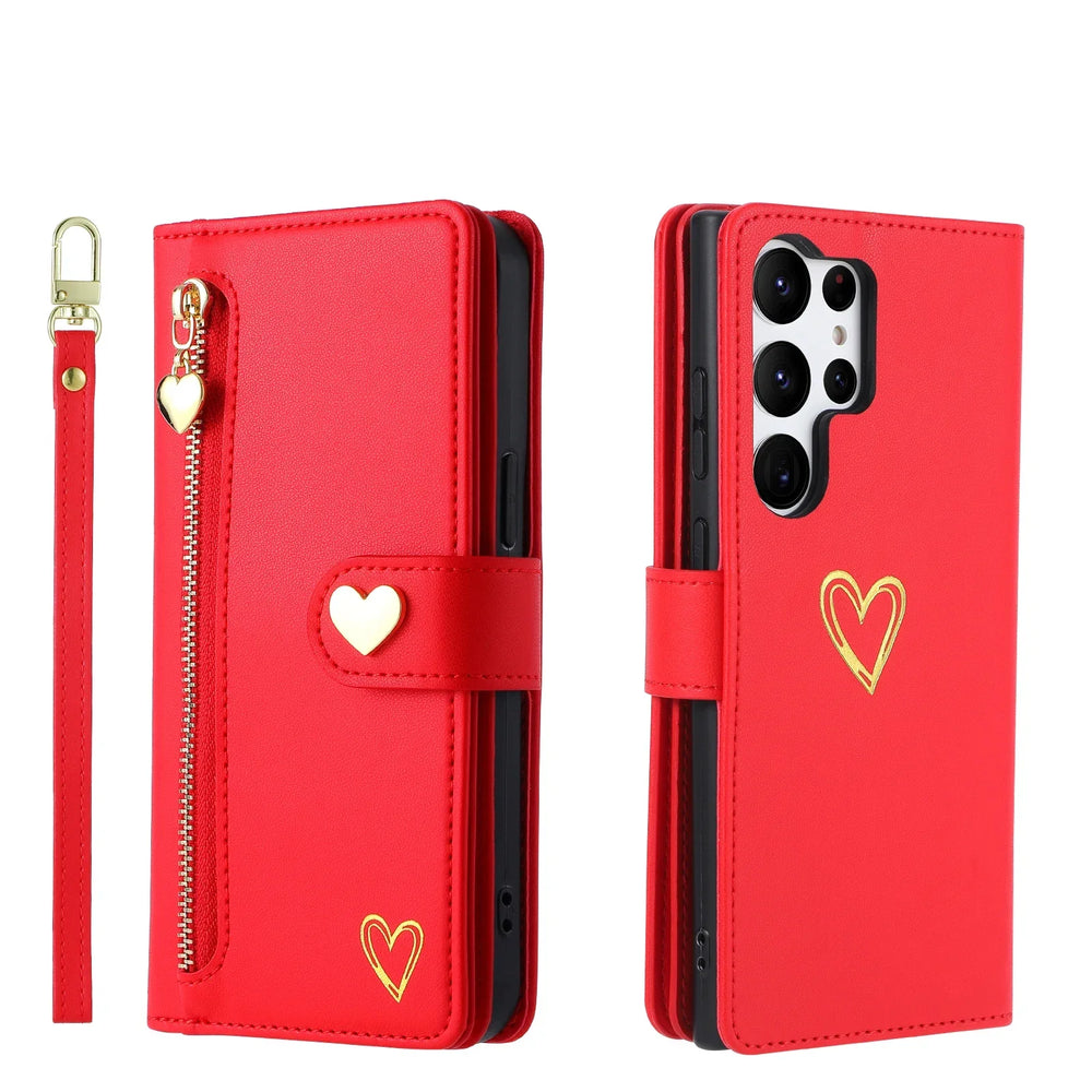 Gold Hot Stamping Love Zipper Card Wallet Case For Samsung