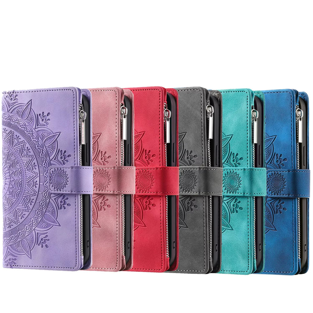 Embossed PU Leather Zipper Wallet Case for iPhone