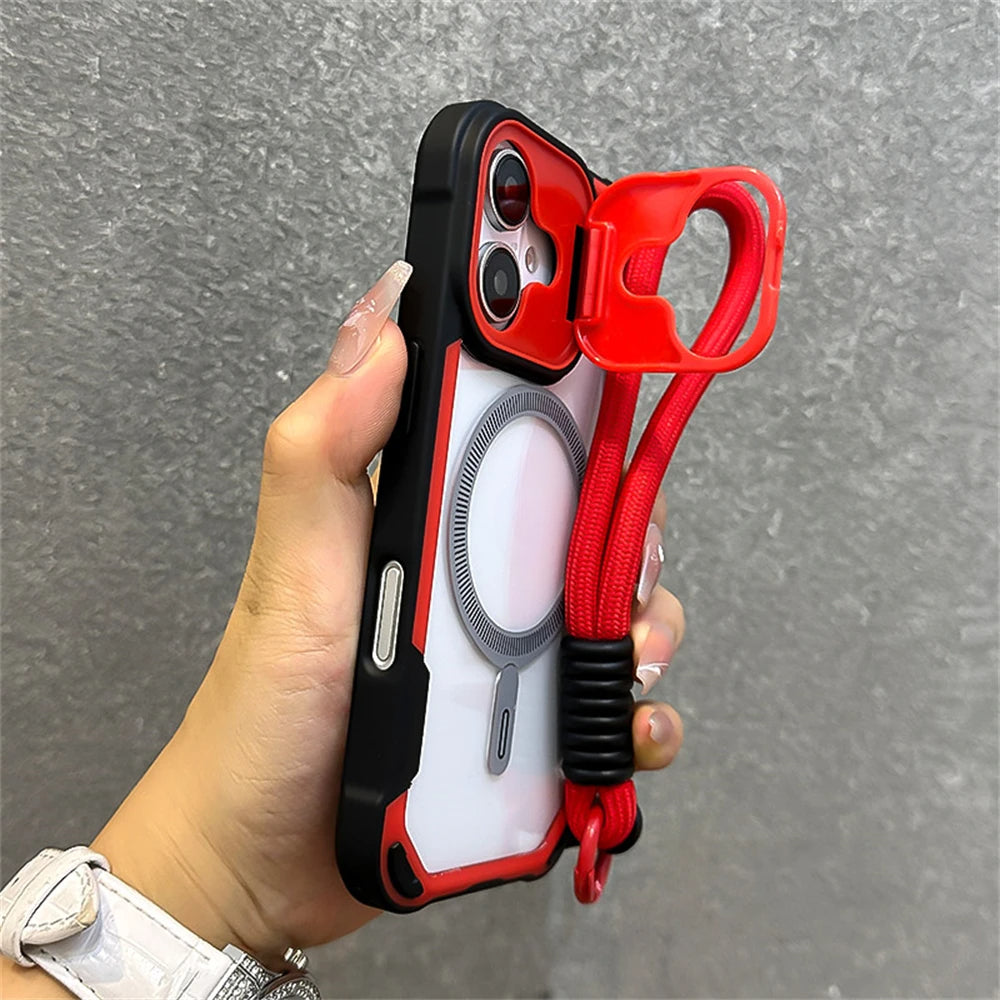 Magnetic For Magsafe Clear Armor With Wrist Strap Case For iPhone