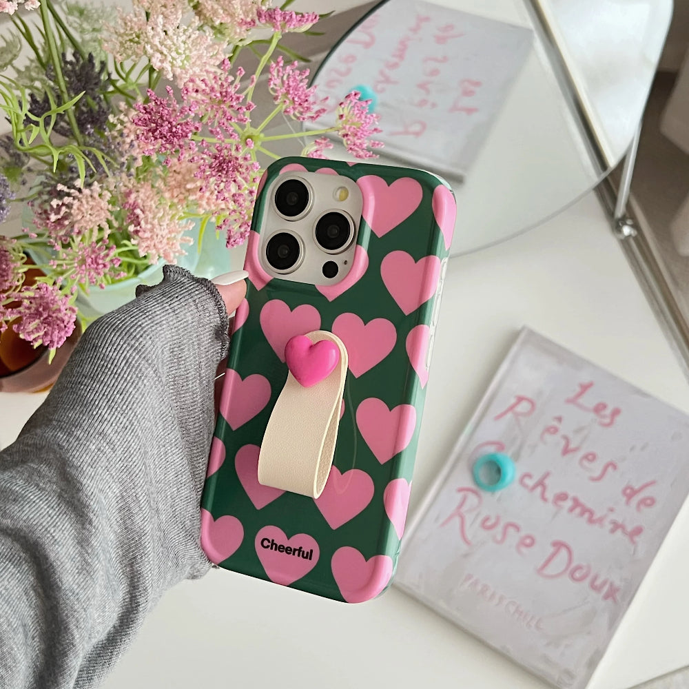 INS Chic Pink Hearts 3D Ring Strap Fashionable Phone Case for iPhone