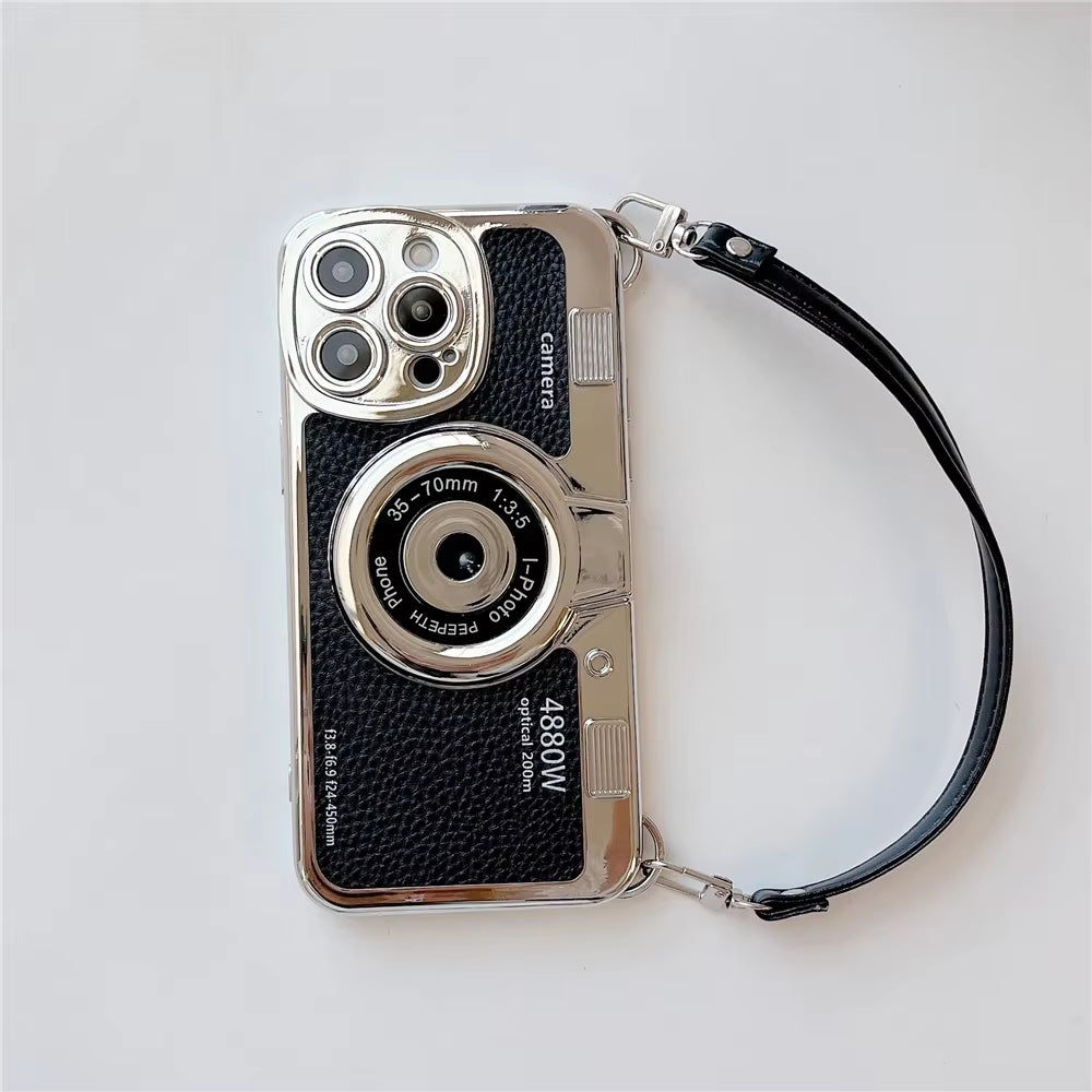 Luxury Retro Stereo Camera Hand with Lanyard Case For iPhone