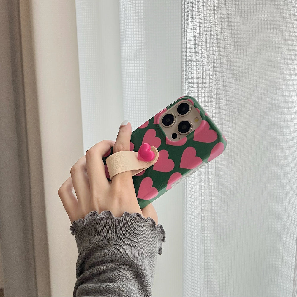 INS Chic Pink Hearts 3D Ring Strap Fashionable Phone Case for iPhone