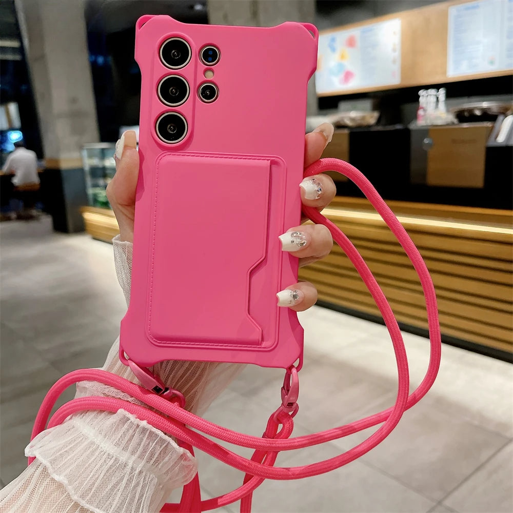 Silicone Wallet Crossbody Necklace Lanyard Card Holder Case For Samsung