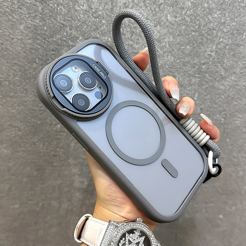 Fold Glass Lens Stand Wrist StrapMagnetic Transparent Case For iPhone