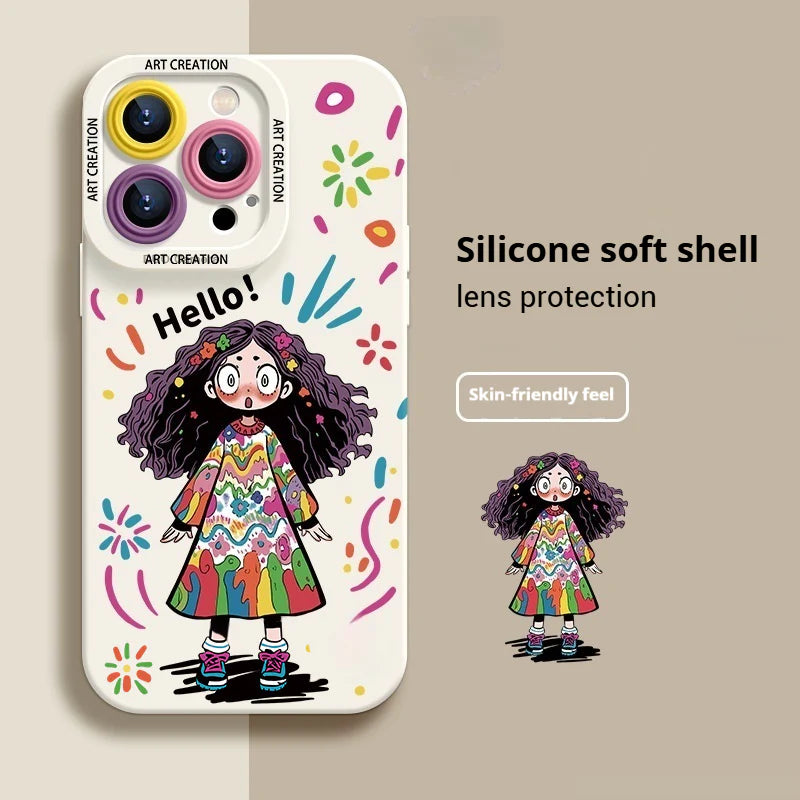 Creative Graffiti Cute Girl Liquid Silicone Phone Case for iPhone