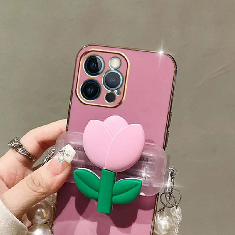 3D Tulip Clip Pearl Strap Plating Case For iPhone