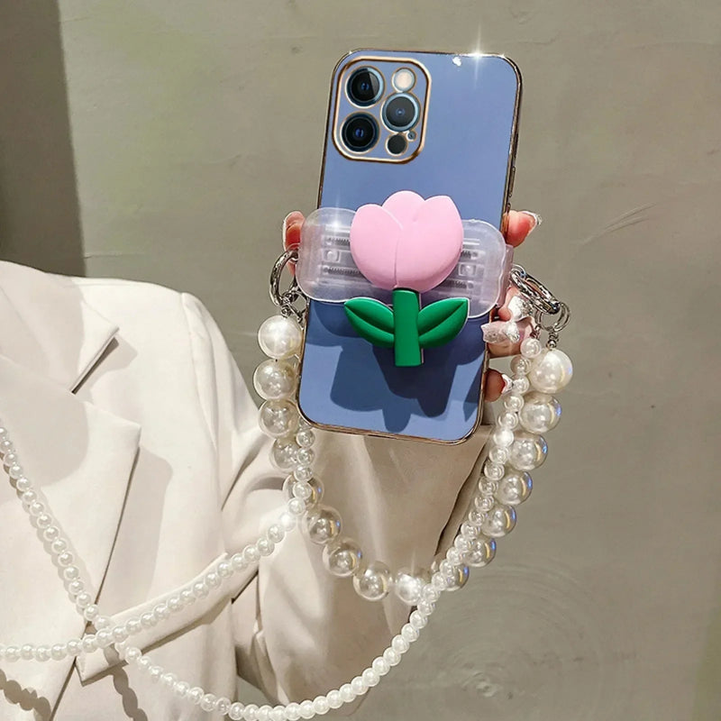 3D Tulip Clip Pearl Strap Plating Case For iPhone