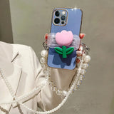 3D Tulip Clip Pearl Strap Plating Case For iPhone