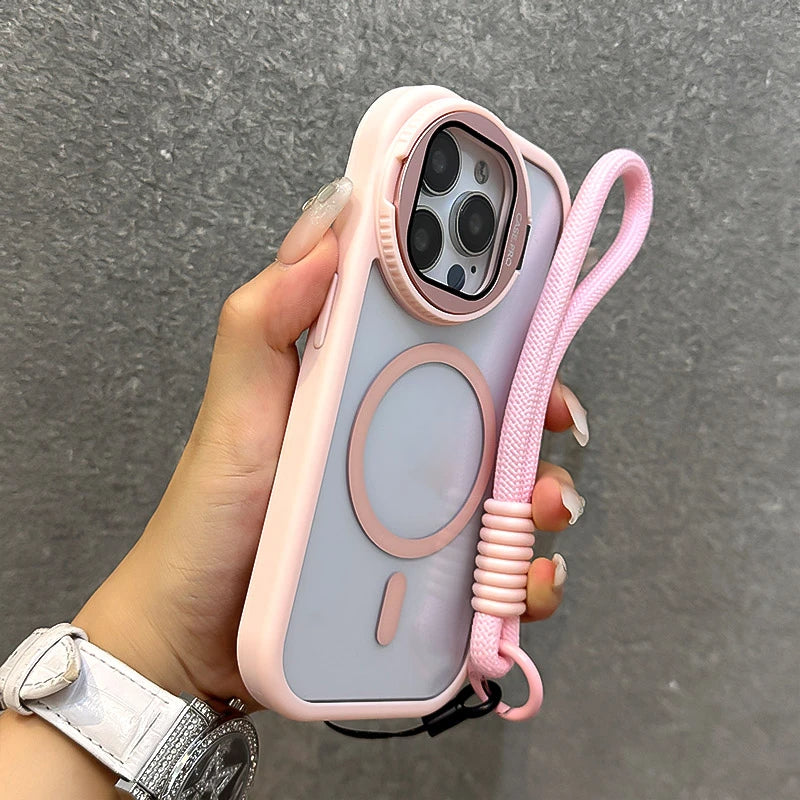 Fold Glass Lens Stand Wrist StrapMagnetic Transparent Case For iPhone