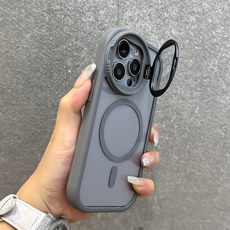 Fold Glass Lens Stand Wrist StrapMagnetic Transparent Case For iPhone