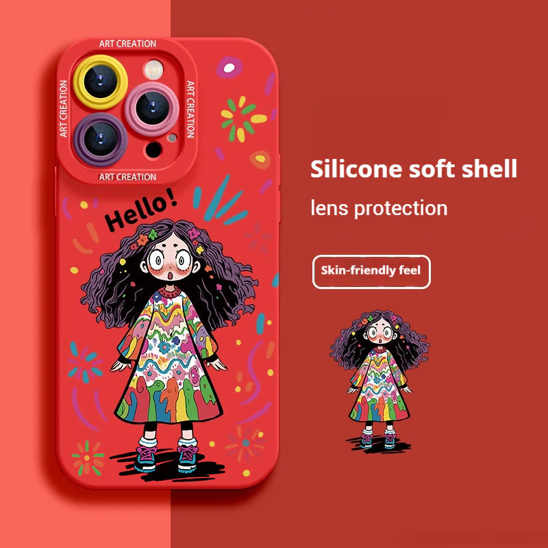 Creative Graffiti Cute Girl Liquid Silicone Phone Case for iPhone