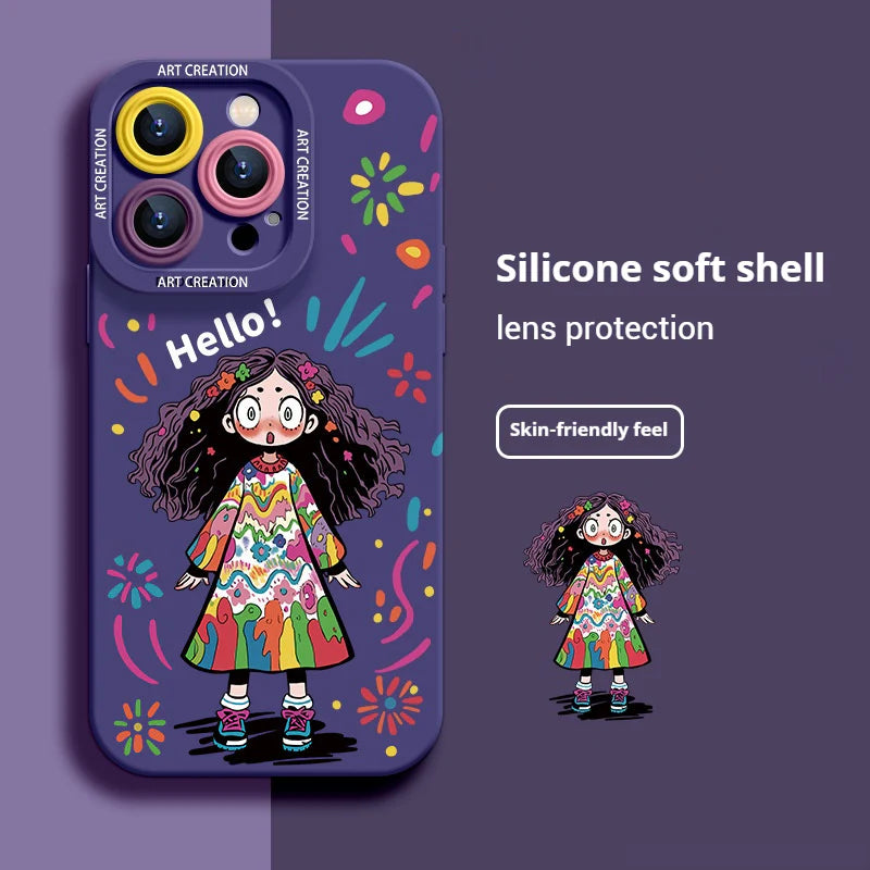 Creative Graffiti Cute Girl Liquid Silicone Phone Case for iPhone