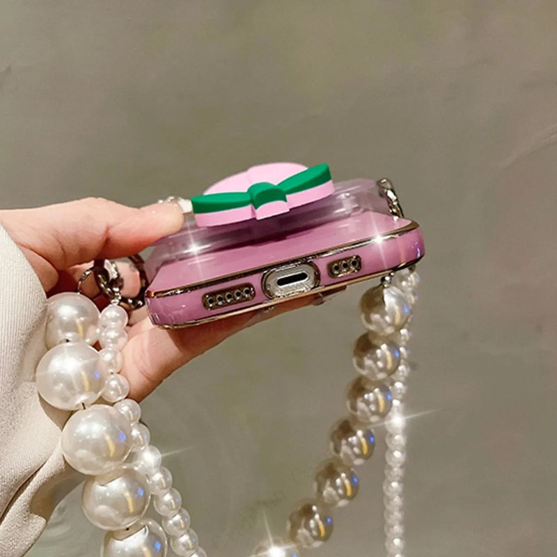 3D Tulip Clip Pearl Strap Plating Case For iPhone