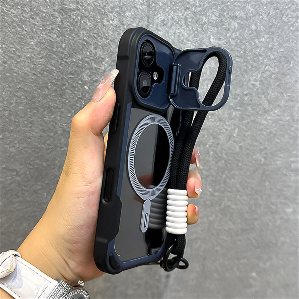 Magnetic For Magsafe Clear Armor With Wrist Strap Case For iPhone