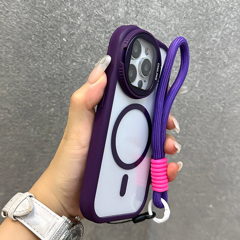 Fold Glass Lens Stand Wrist StrapMagnetic Transparent Case For iPhone