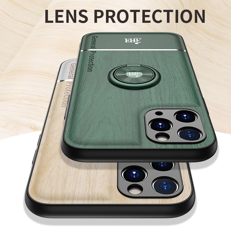 Wood Leather Ring Splicing Case For iPhone