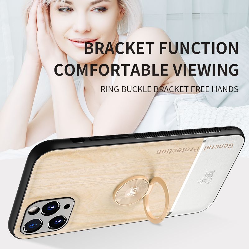 Wood Leather Ring Splicing Case For iPhone